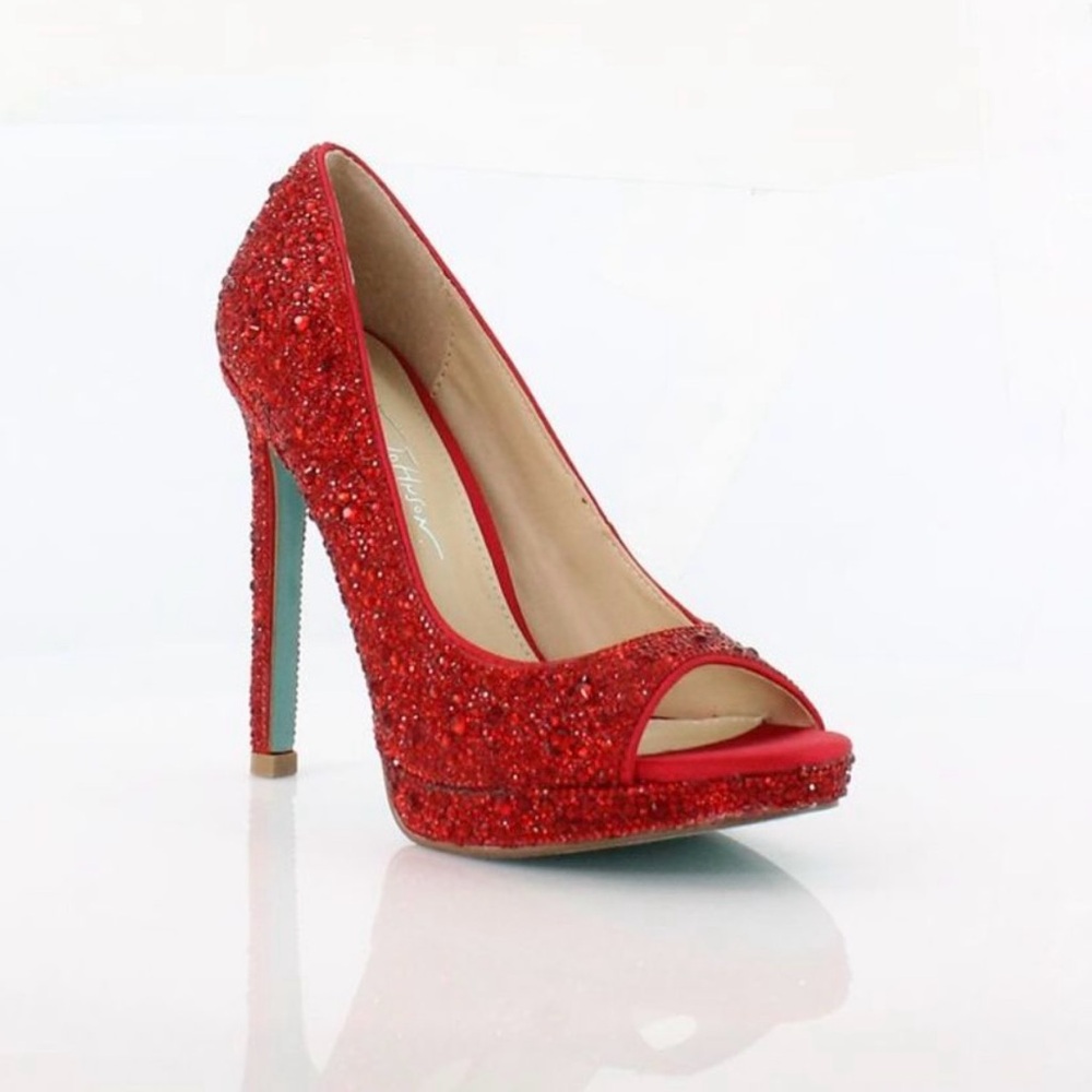 Betsey Johnson Red Glitter Peep-Toe Heels